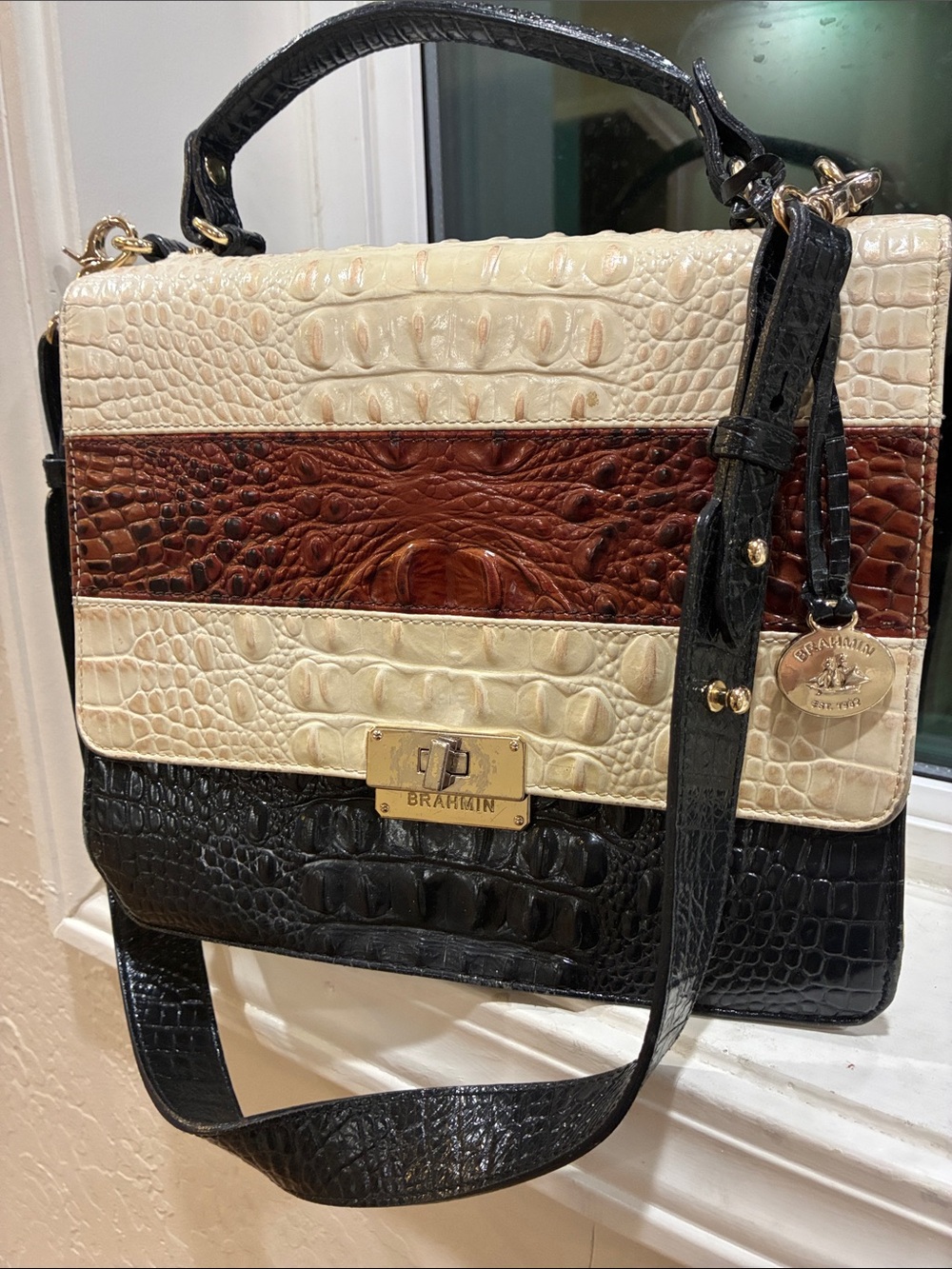Brahmin Croc-Embossed Tri-Color Satchel in Black, Cream & Brown WITH wallet